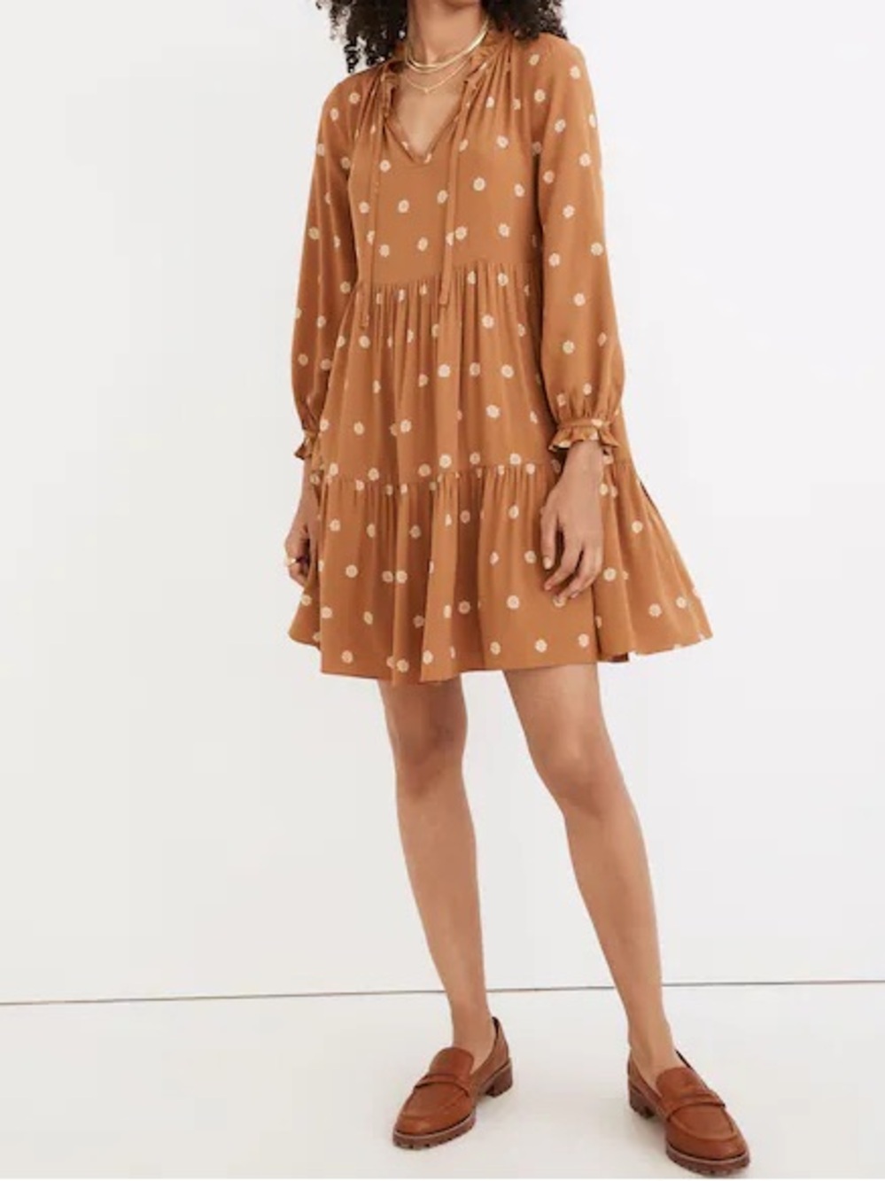 Madewell Bloom Dot Warm Hickory Cream Tan Tiered Ruffle Tie Neck Mini Dress M